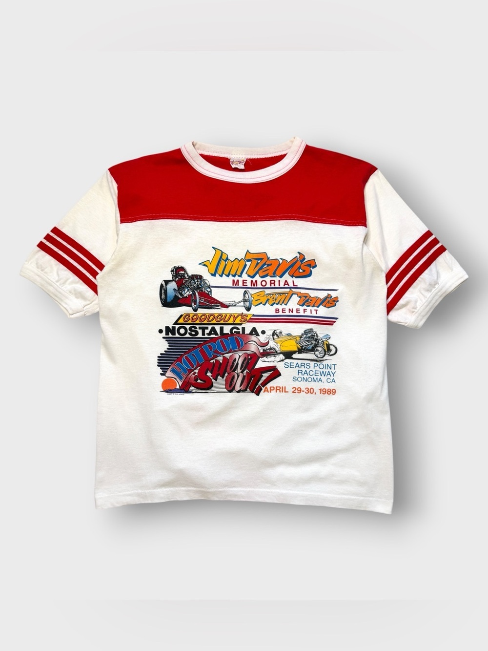 Vintage 1989 Good Guys Jim Davis Hot Rod Ringer Shirt, Sears Point Alore 80s 90s